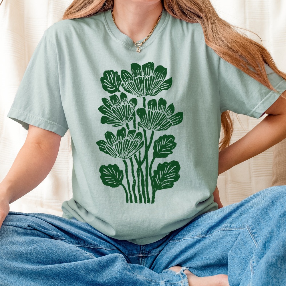 Botanical Flower Graphic Tee Black and White Linocut Style